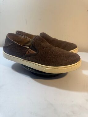 OluKai Women's Dark Java Brown Pehuea Leather Slip-On Sneakers - Size 8